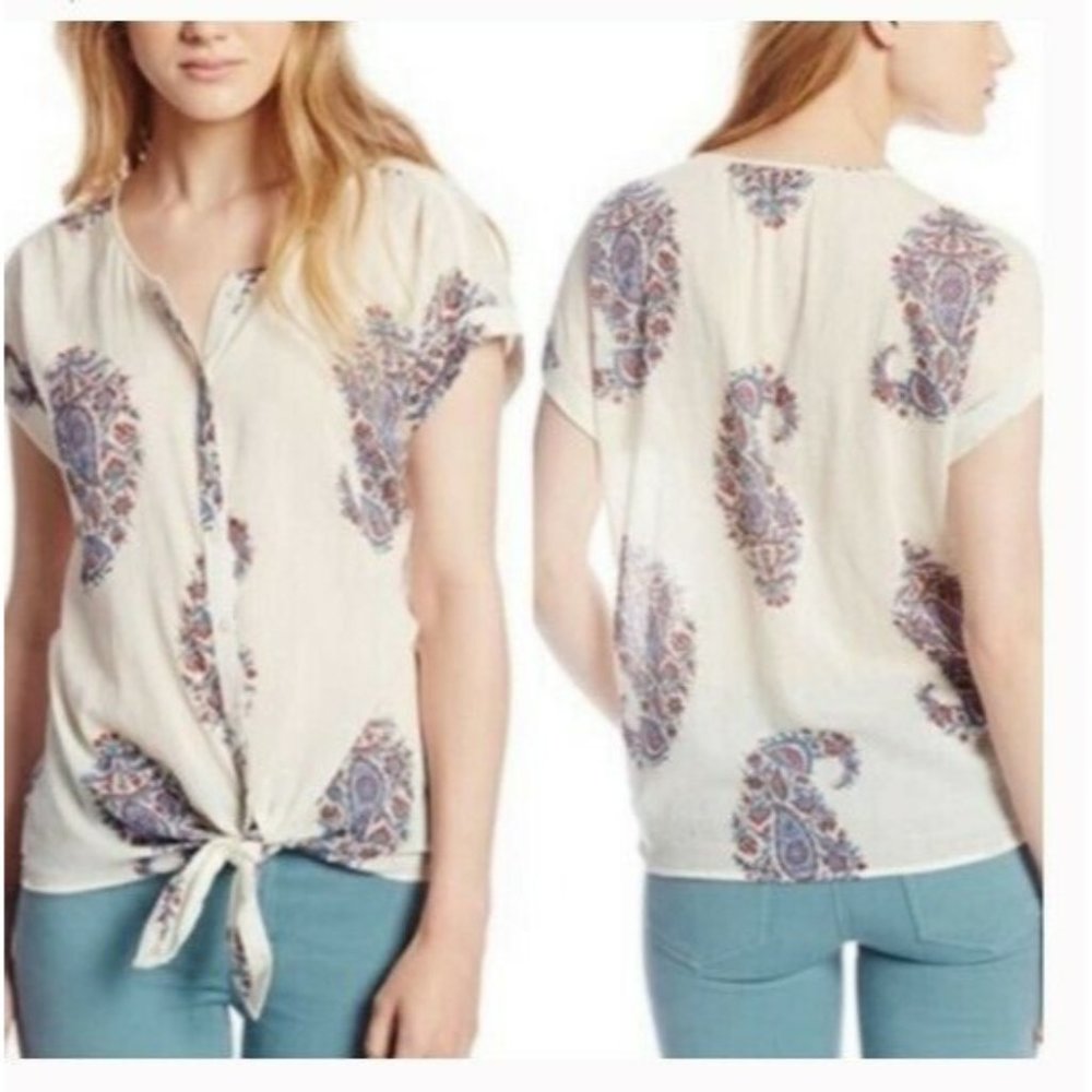 Peter Dunham for Lucky Brand Womens Top 3X Ivory White Paisley Button Up Tie
